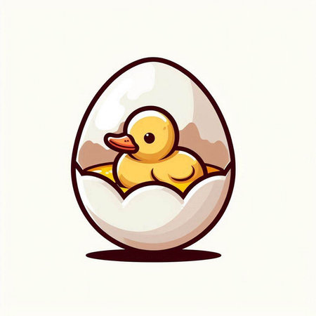 Illustration of a cute yellow duckling in a white egg.のイラスト素材