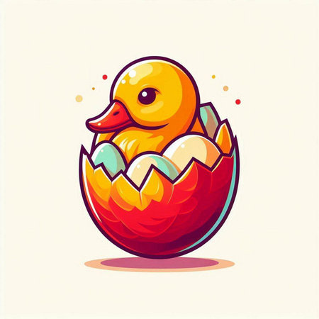 Cute cartoon duckling in an eggshell. Vector illustration.のイラスト素材