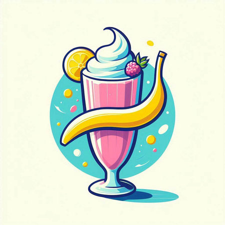 Vector illustration of milkshake with whipped cream, banana and berriesのイラスト素材