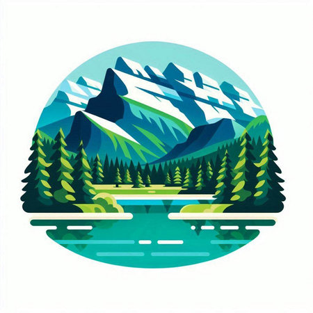 Mountain landscape with coniferous forest and lake. Vector illustration.のイラスト素材