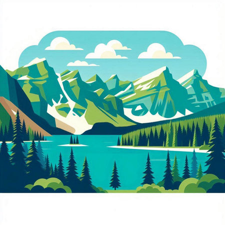 Mountains and lake with coniferous forest. Vector illustration.のイラスト素材