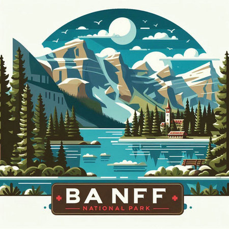 Vector illustration of Baffin lake with mountains in the background.のイラスト素材