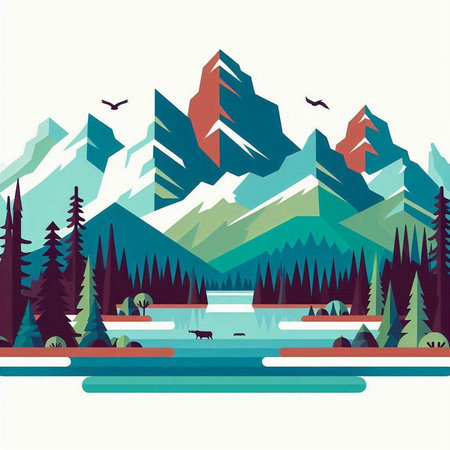 Mountain landscape with forest and lake in flat style. Vector illustration.のイラスト素材