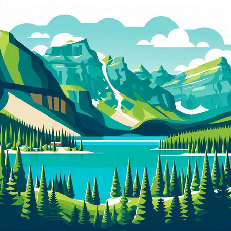 Vector illustration of mountain landscape with lake and forest in flat style.のイラスト素材