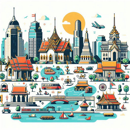 Thailand travel and tourism background with famous landmarks. Vector illustration.のイラスト素材