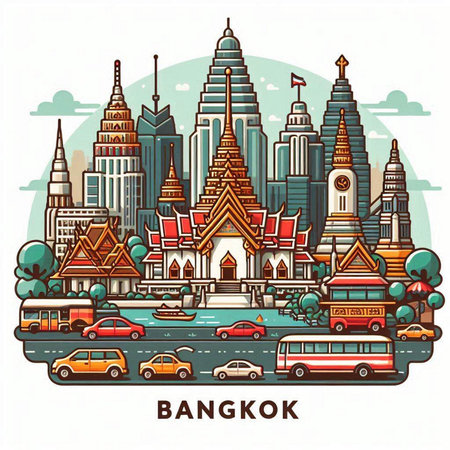 Bangkok cityscape, famous landmark in Thailand, vector illustration.のイラスト素材