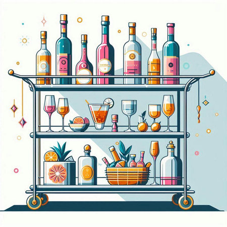 Cocktail bar with bottles and glasses. Vector illustration in flat styleのイラスト素材