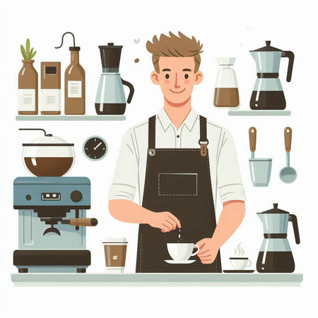 Coffee shop barista in apron preparing coffee. Vector illustrationのイラスト素材