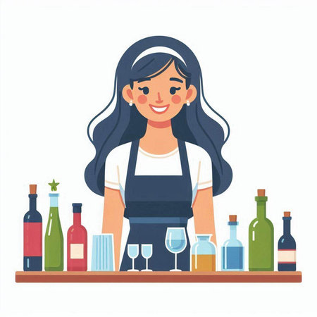 Bartender girl in apron at bar counter. Vector illustrationのイラスト素材