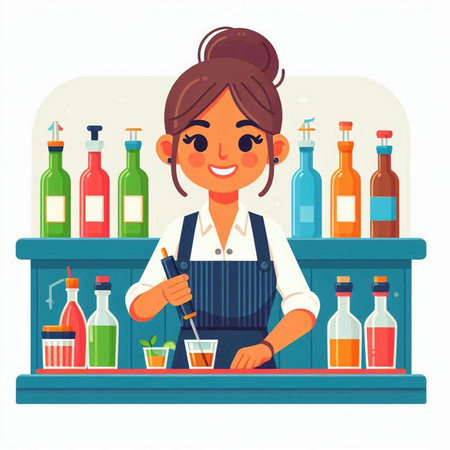 Young woman bartender standing behind the counter in the bar. Vector illustrationのイラスト素材