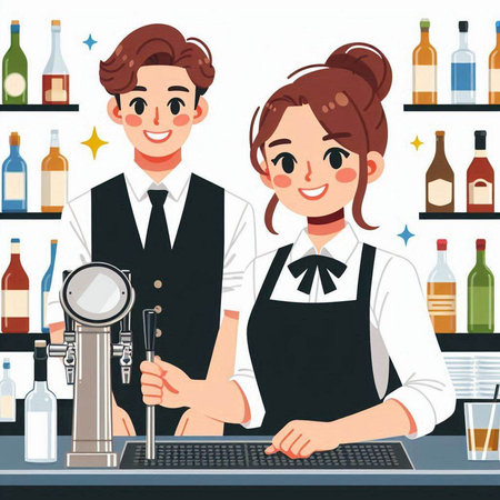 Illustration of a bartender and a waitress at the bar counter.のイラスト素材