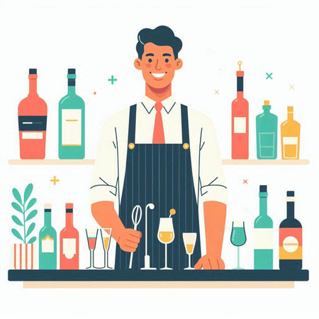 Barman at the counter in the restaurant. Vector illustration in flat styleのイラスト素材