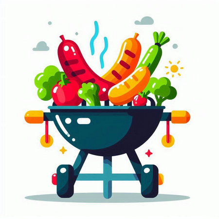 Barbecue grill with fresh vegetables. Vector illustration in flat style.のイラスト素材