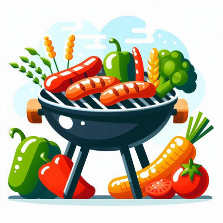 Barbecue grill with meat and vegetables. Vector illustration in flat styleのイラスト素材
