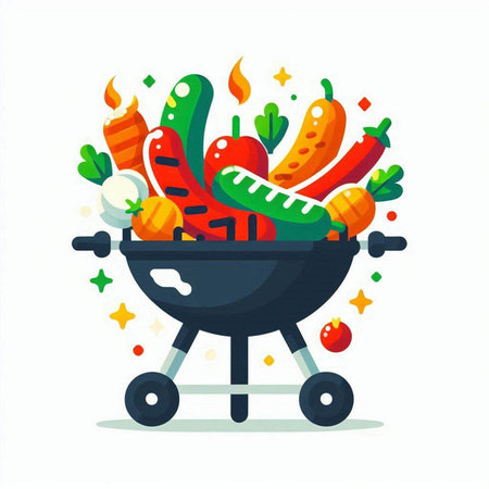 BBQ grill with sausages and vegetables, flat vector illustrationのイラスト素材