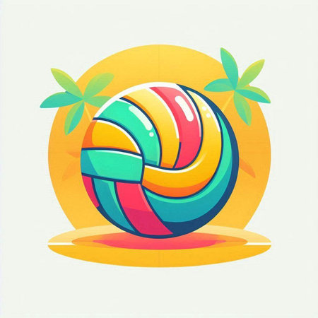 Volleyball on the beach with palm trees. Vector illustration.のイラスト素材