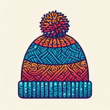 Hand drawn knitted hat with pompon. Colorful vector illustration.のイラスト素材