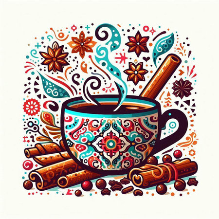 Hand drawn vector illustration of a cup of hot drink with cinnamon and aniseのイラスト素材