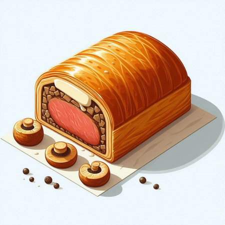 Illustration of a piece of bread with sausages and mushroomsのイラスト素材