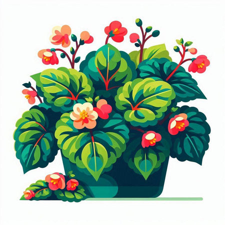 Flowerpot with green leaves and red flowers. Vector illustration.のイラスト素材