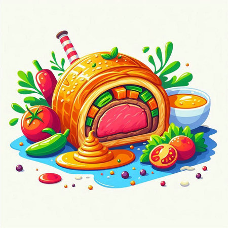 Illustration of a tasty meat pie with vegetables and sauce on a white backgroundのイラスト素材