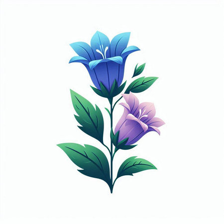 Illustration of a blue flower with green leaves on a white backgroundのイラスト素材