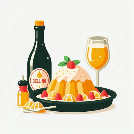 Illustration of a cake, wine and fruits on a white backgroundのイラスト素材