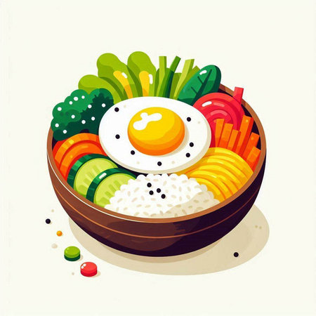 Bowl of healthy food with fried egg and vegetables. Vector illustration.のイラスト素材
