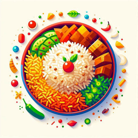 Illustration of a bowl of cooked rice with vegetables on a white backgroundのイラスト素材