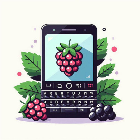 Mobile phone with blackberries and leaves. Vector illustration in flat styleのイラスト素材
