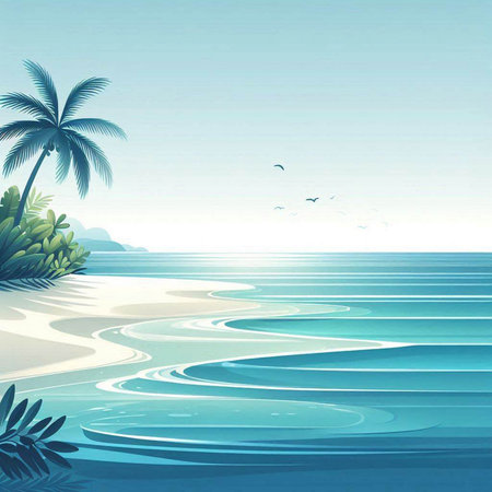 Beach with palm trees and sea. Vector illustration in flat styleのイラスト素材