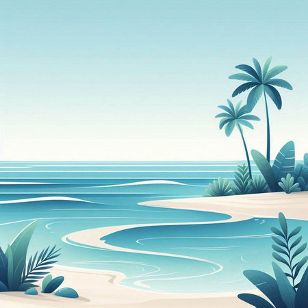 Tropical beach with palm trees and sand. Vector illustration.のイラスト素材