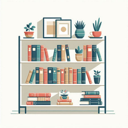 Bookshelf with books and plants. Vector illustration in flat styleのイラスト素材