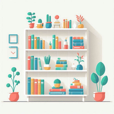 Bookshelf with books and plants. Vector illustration in flat styleのイラスト素材