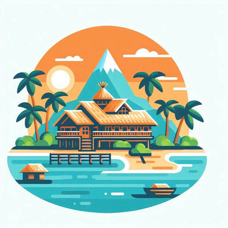 Bungalows on the beach. Vector illustration in flat styleのイラスト素材