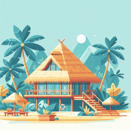 Vector illustration of bungalows on the beach in tropics.のイラスト素材