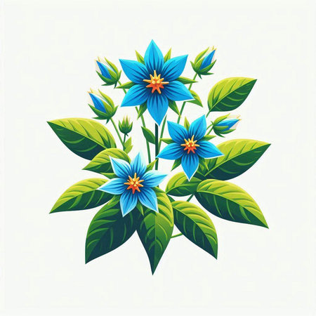 Illustration of a blue flower with green leaves on a white backgroundのイラスト素材