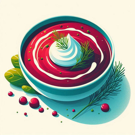 Beetroot soup with sour cream in bowl. Vector illustration.のイラスト素材