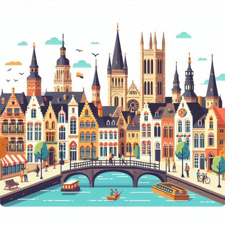 Bruges with gondolas on the canal, vector illustrationのイラスト素材