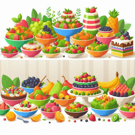 Fruits and berries in bowls on white background. Vector illustration.のイラスト素材