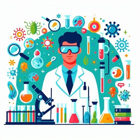 Scientist with microscope in laboratory. Flat style vector illustration. Medical research and development conceptのイラスト素材