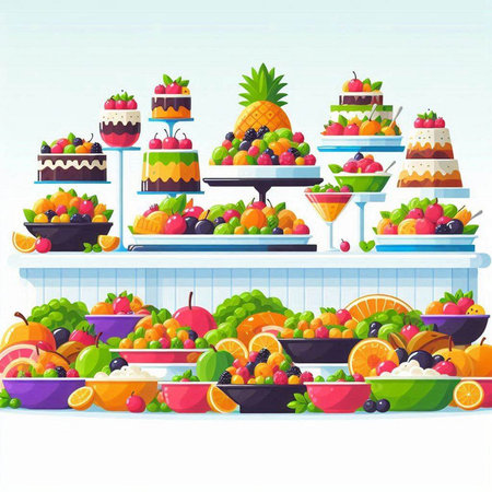 Fruit shop counter with different fruits and cakes, vector illustration.のイラスト素材