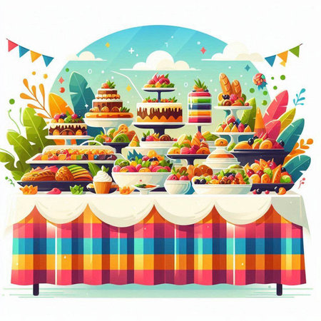 Candy bar with fruits, cakes and sweets. Vector illustration.のイラスト素材
