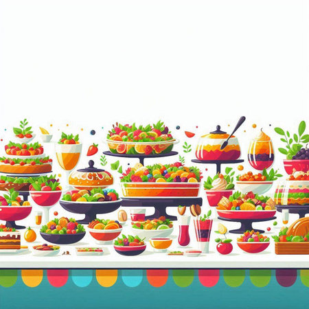 Fruit buffet with fruits and vegetables. Vector illustration for your designのイラスト素材