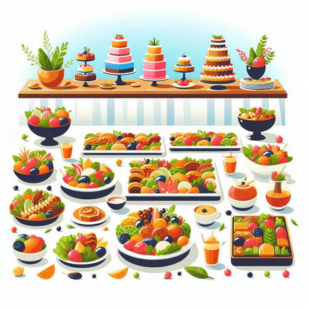 Fruit and berries on a buffet. Vector illustration in cartoon styleのイラスト素材