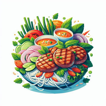 Steak, noodles, vegetables and sauce on a plate. Vector illustration.のイラスト素材