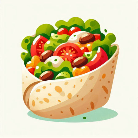 Tortilla with vegetable salad on white background. Vector illustration.のイラスト素材