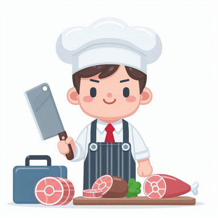 Chef with meat and knife on white background. Vector illustration.のイラスト素材