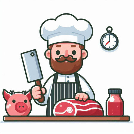 Chef with meat and knife. Vector illustration of cartoon character.のイラスト素材