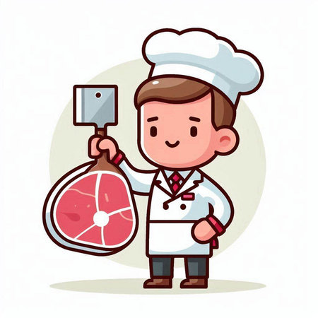 Cartoon Chef with Meat Steak - Colorful Vector Illustrationのイラスト素材